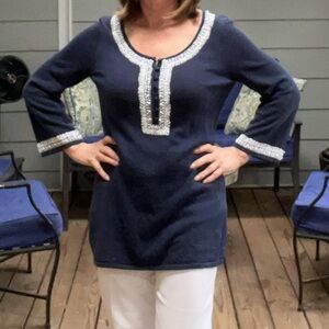 Tommy Bahama Navy Blue Tunic with White Accents, Size M